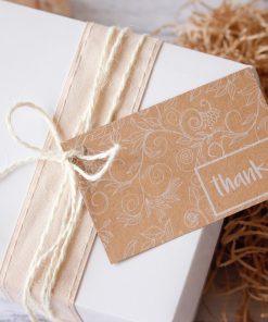 Gift Pack White Box displayed with ribbon and twine and thanks gift tag 2