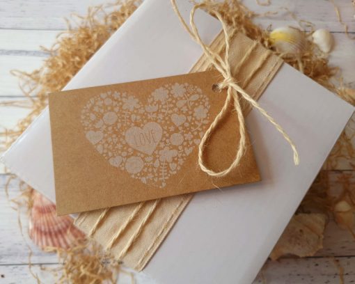 Gift Pack White Box displayed with ribbon and twine and love heart gift tag