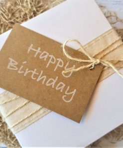 Gift Box White Natural Ribbon and Happy Birthday In Writing Gift Tag
