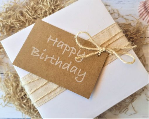 Gift Box White Natural Ribbon and Happy Birthday In Writing Gift Tag